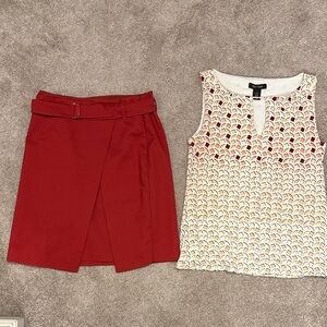 White House Black Market Burnt Orange Knee Length Skirt w/multi colored blouse.